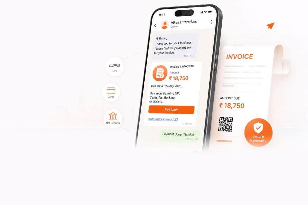 Payment link shared on WhatsApp with invoice and Pay Now button