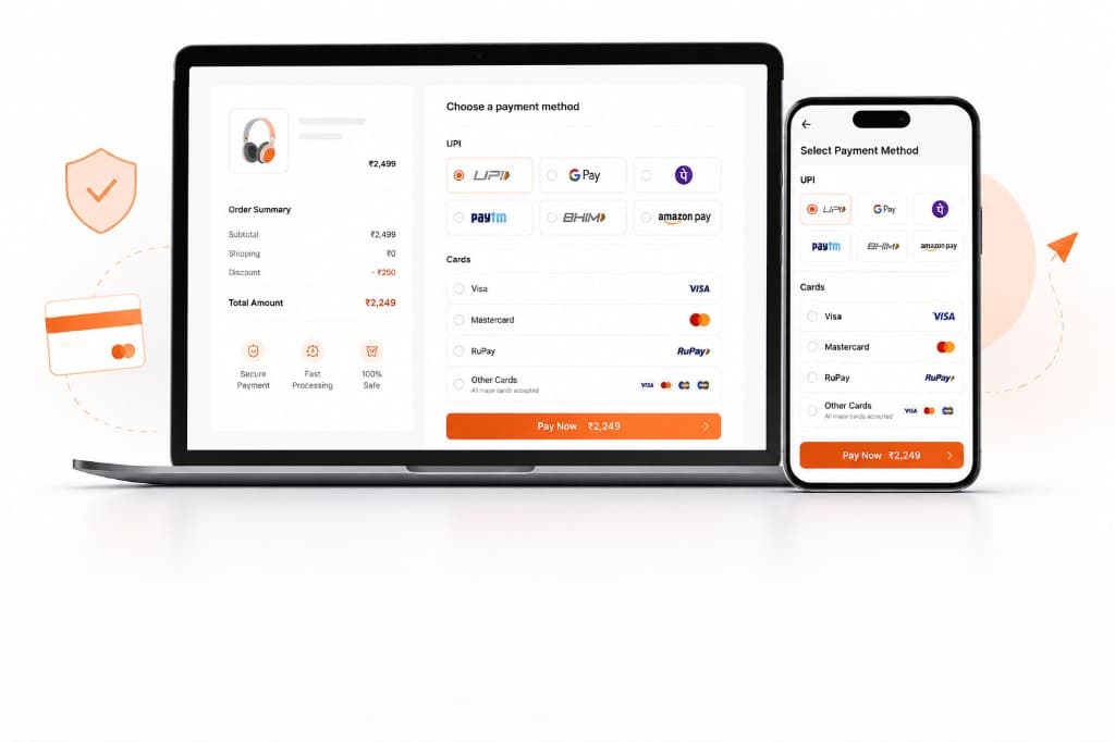 Checkout integration on laptop and mobile with UPI and card payment options