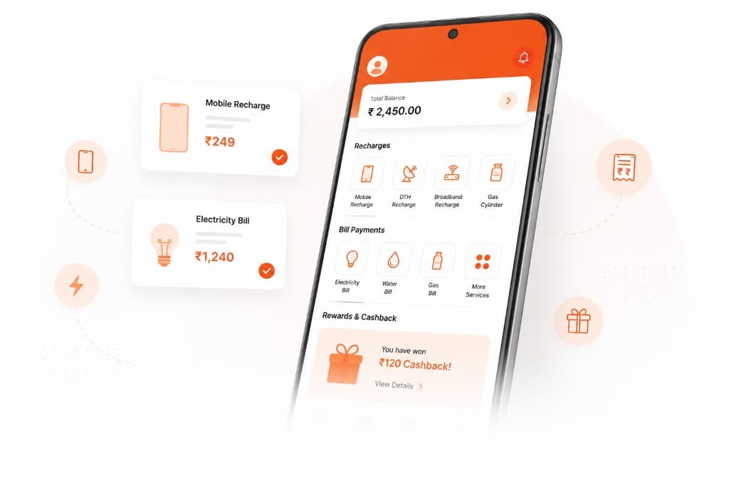 Recharge and Reward app with mobile recharge, bill payments, and cashback on Android