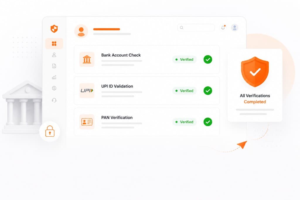 Verification APIs dashboard showing bank, UPI, and PAN checks with verified status